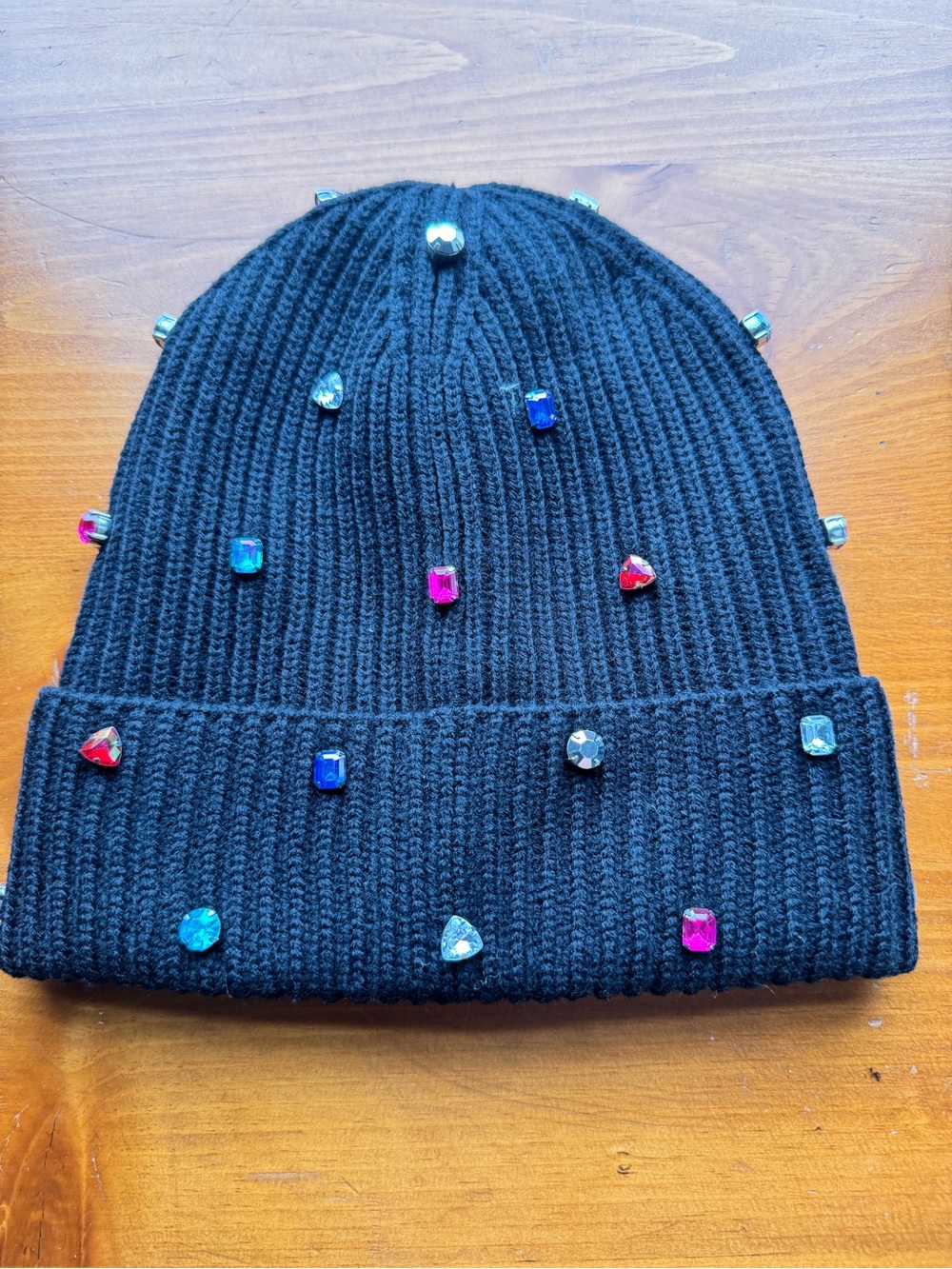 kate spade Black Knit Beanie with Multicolor Gem Accents
